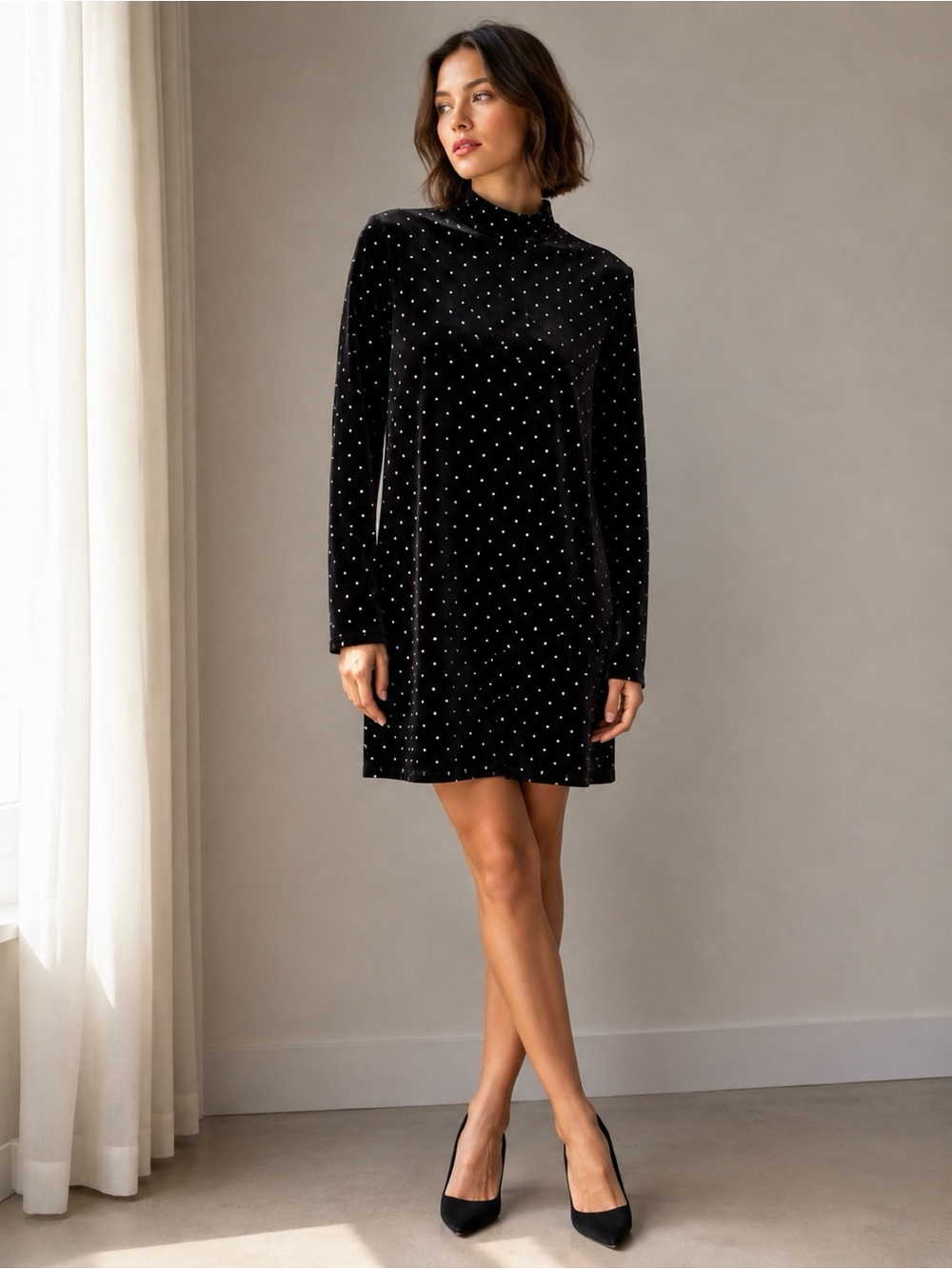H&M Women’s XL Black Velvet Rhinestone Polka Dot Mock Neck Mini Dress